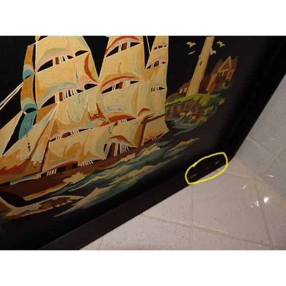 Tin Tray Sailing Ship Lighthouse Hand Painted Black Vintage Tole Style Rectangle - Picture 11 of 11